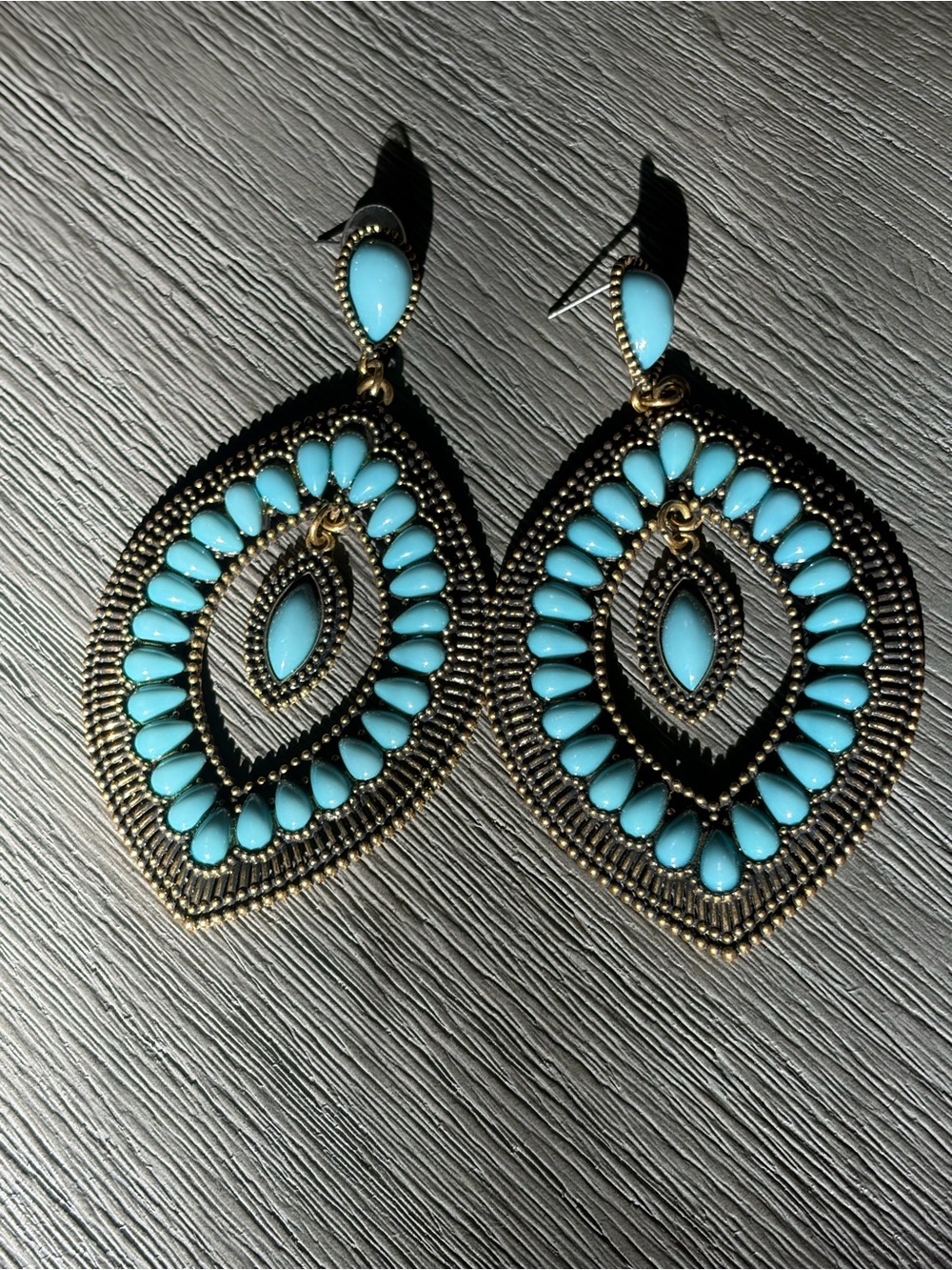 Oversize Turquoise Blue Statement Earrings Antiqued Gold Tone
